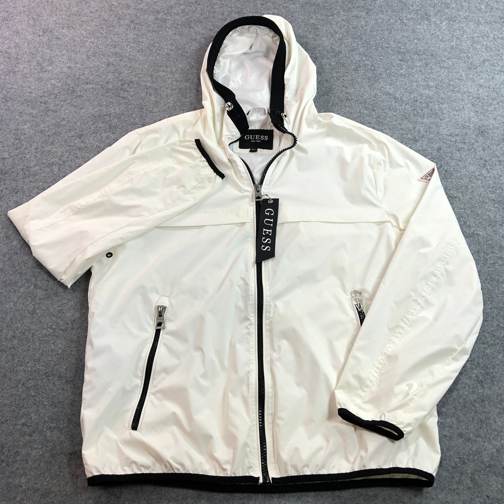Guess Mens Hooded Windbreaker L White 112AN616 Contrast Trim Full Zip NWOT